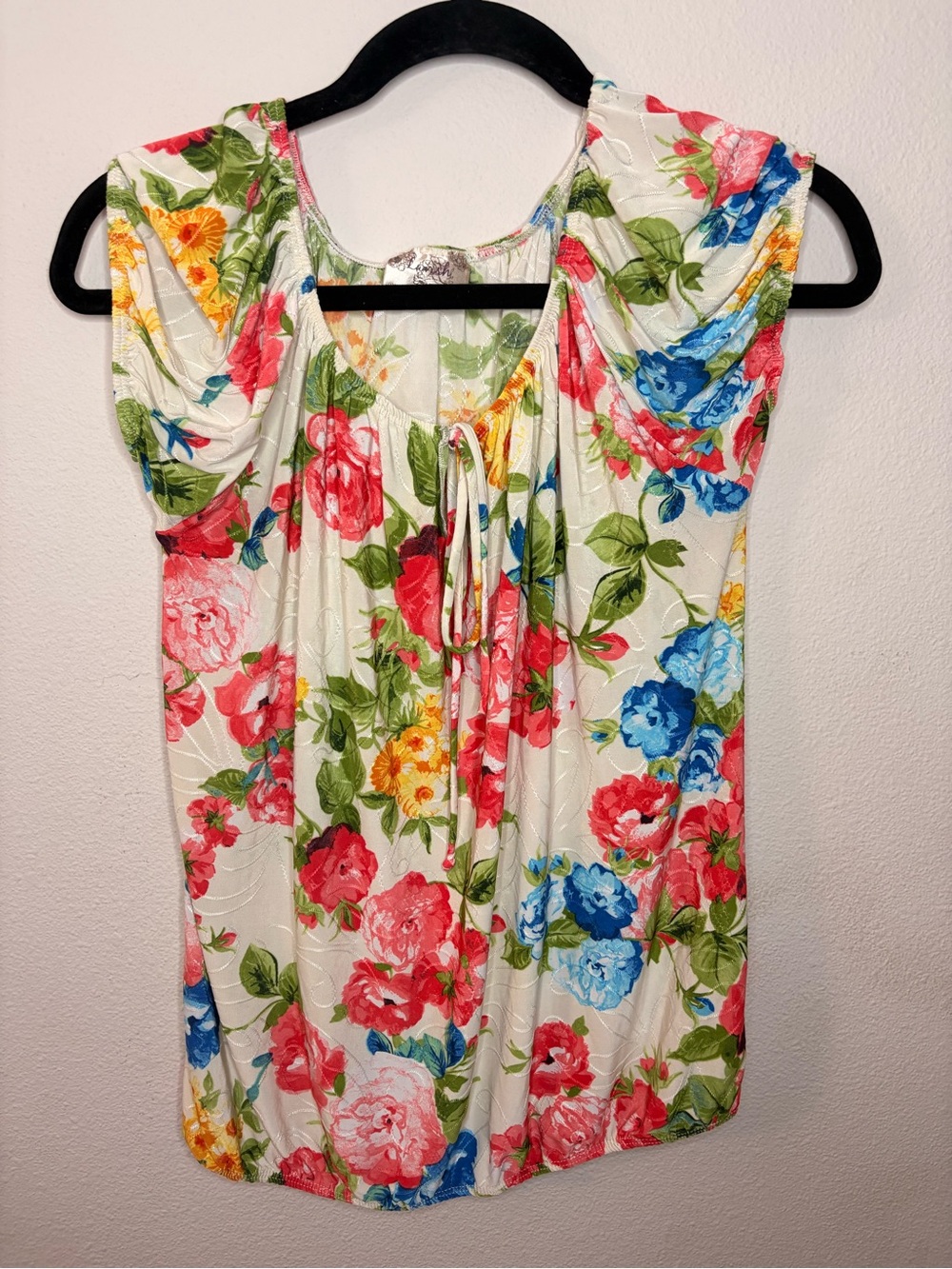 Lavish Floral Tie-Front Camisole Top - White with Pink, Blue, Green, Yellow-135